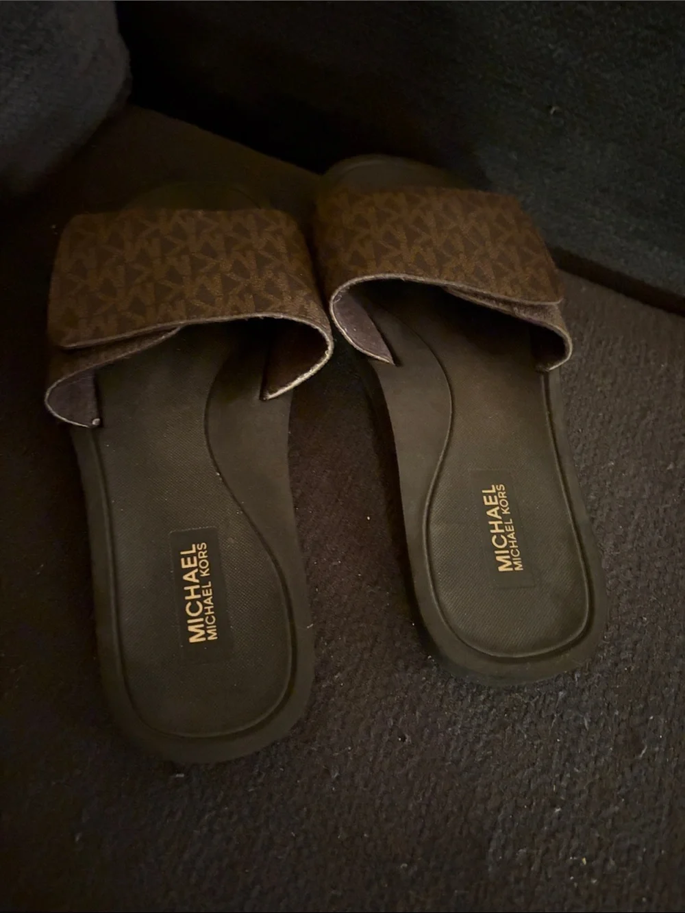 Michael Kors Black Sandal Slides with Brown MK Print Strap